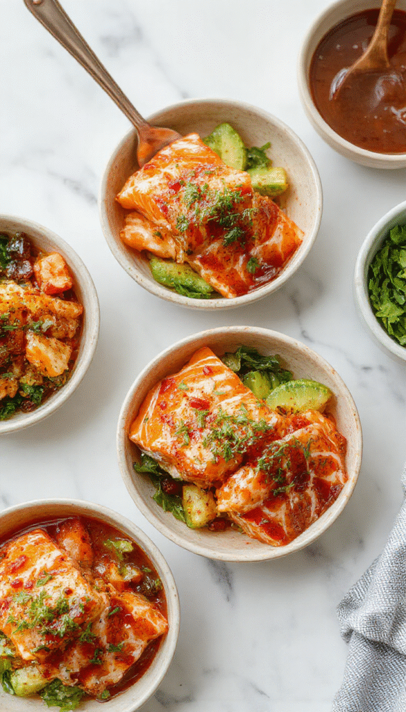Colorful salmon bowls topped with glossy honey glaze, garnished with green herbs, served on a white plate with vibrant vegetables around, showcasing flaky salmon, glossy glaze, fresh herbs, and a rustic wooden background.