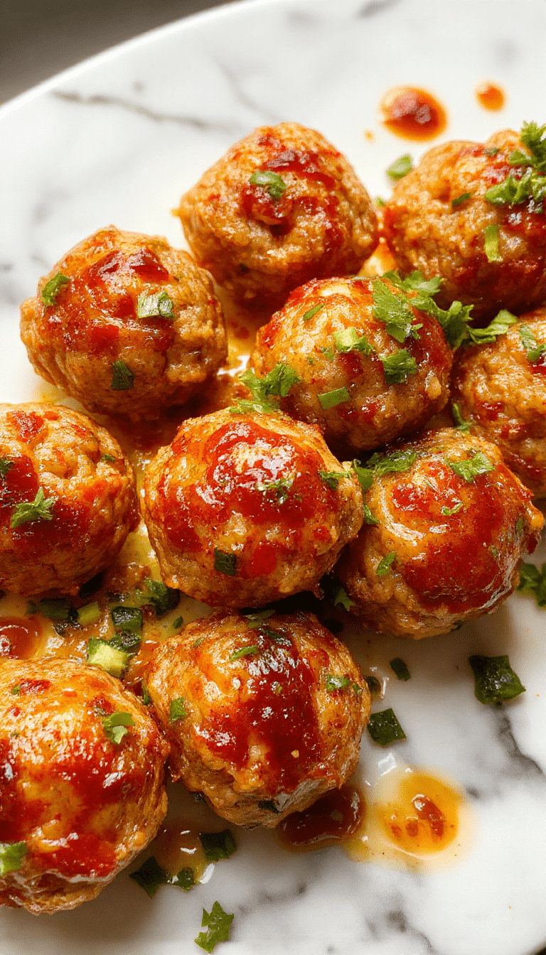 Vivid image of glossy, golden-brown turkey meatballs drizzled with a vibrant red and orange sweet and spicy glaze, arranged on a white plate garnished with chopped green onions and sesame seeds, with a backdrop of Asian-style garnishes and a hint of chili peppers for a colorful, appetizing presentation.
