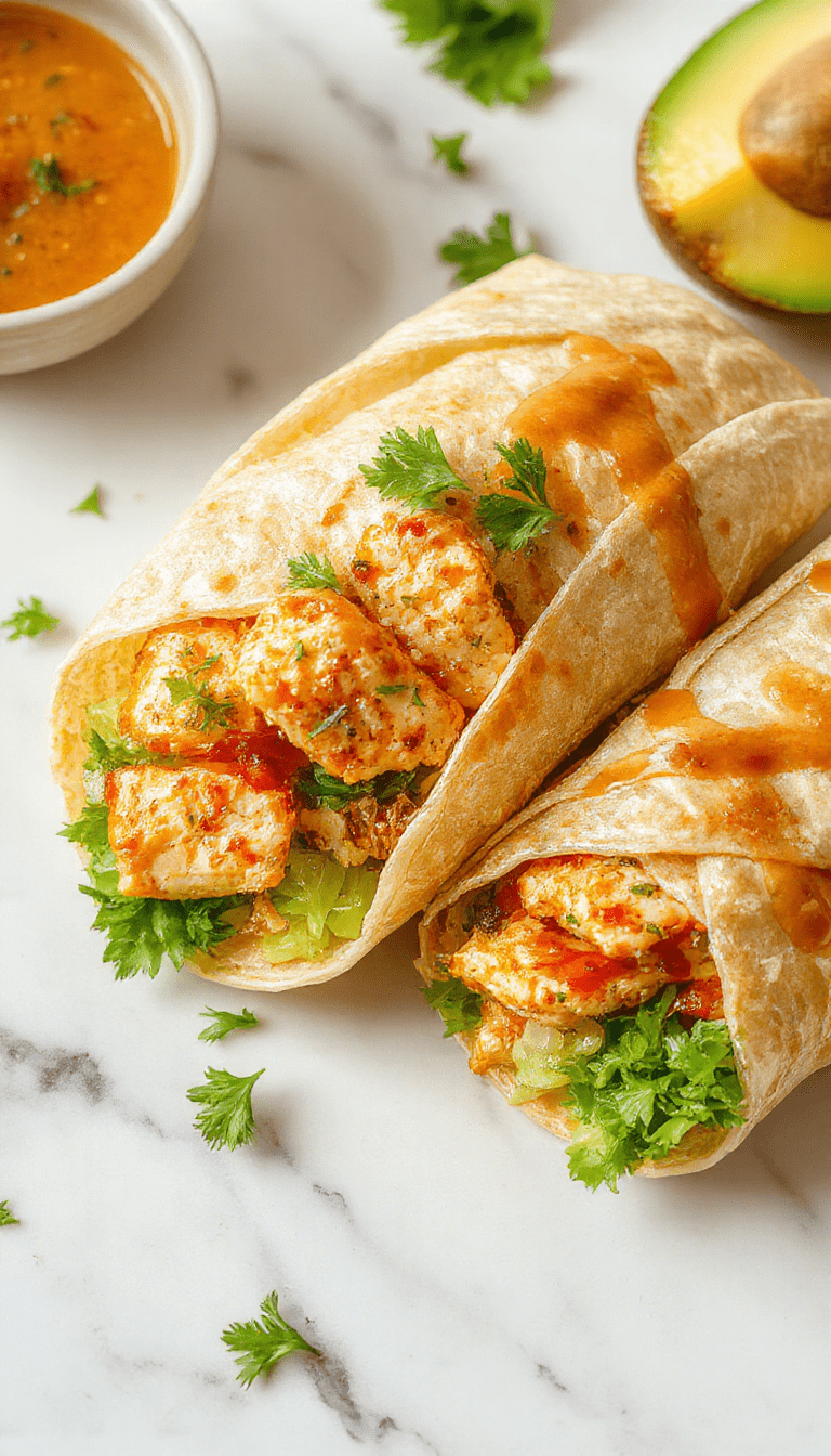 Colorful Thai Peanut Chicken Wraps arranged on a rustic plate with vibrant fresh vegetables including shredded carrots, chopped peanuts, and cilantro. The wraps are neatly rolled, showcasing a glossy peanut sauce and a mix of crispy textures. Bright lighting emphasizes the fresh ingredients and inviting presentation, styled with a sprinkle of chopped herbs for garnish.