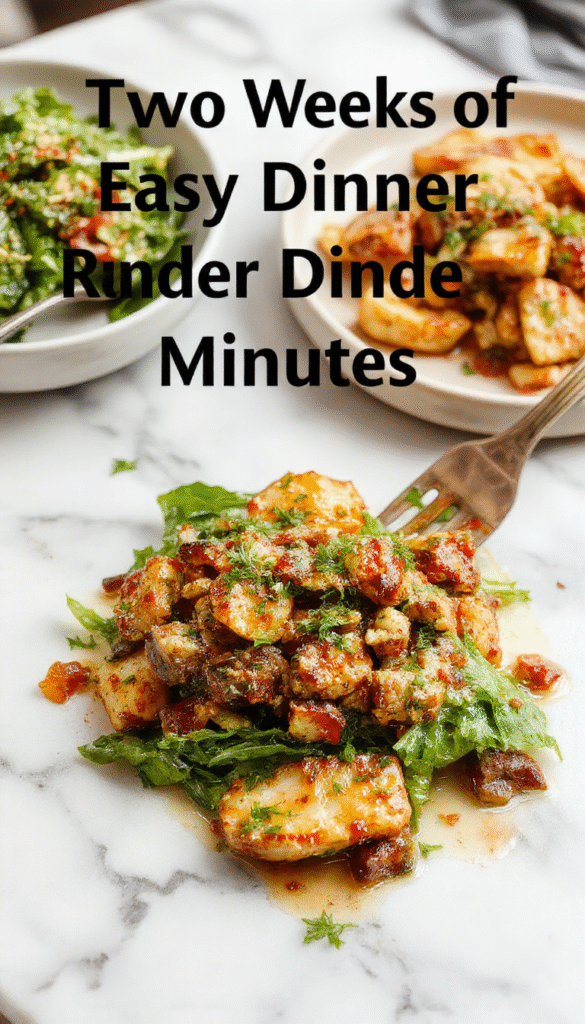 A vibrant collection of plated dinner dishes displaying a variety of colorful vegetables, succulent meats, and hearty grains, designed for quick and effortless preparation. The food is styled on a rustic wooden table with a warm, inviting atmosphere, showcasing textures from crispy to tender and appealing to the eye with bright garnishes and appetizing presentation.