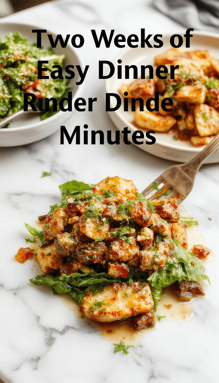 A vibrant collection of plated dinner dishes displaying a variety of colorful vegetables, succulent meats, and hearty grains, designed for quick and effortless preparation. The food is styled on a rustic wooden table with a warm, inviting atmosphere, showcasing textures from crispy to tender and appealing to the eye with bright garnishes and appetizing presentation.