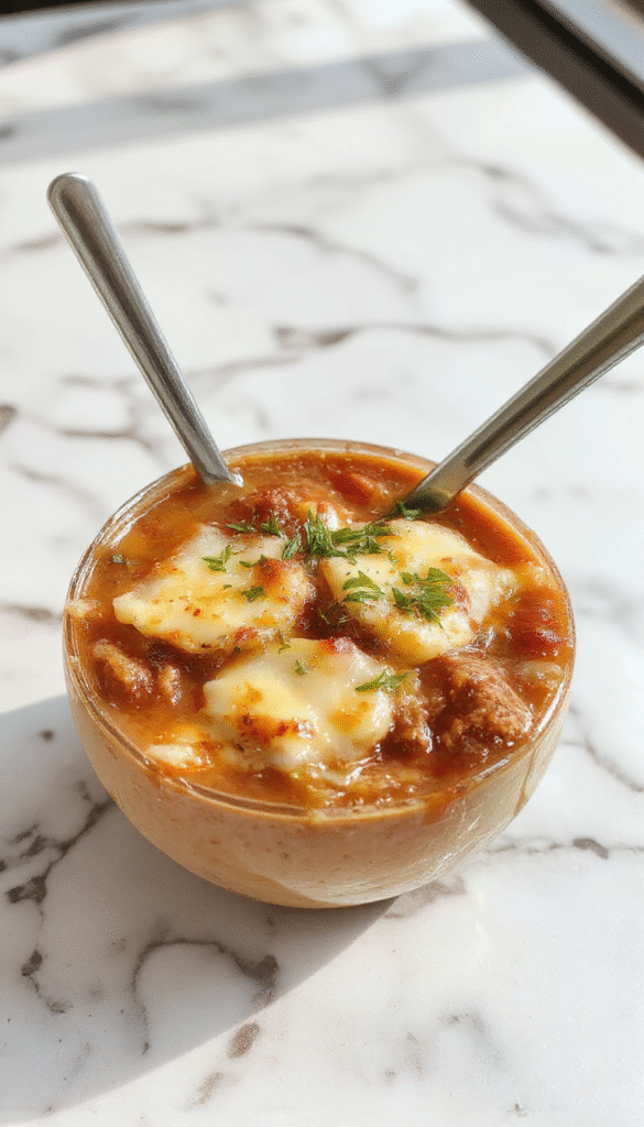 A vibrant bowl of cheeseburger soup featuring creamy yellow broth topped with melted cheese, crumbled bacon, chopped green onions, and a toasted bread crust around the bowl. The soup showcases chunks of ground beef, melted cheese, and fresh herbs, styled in a rustic white bowl with a spoon on a wooden table.