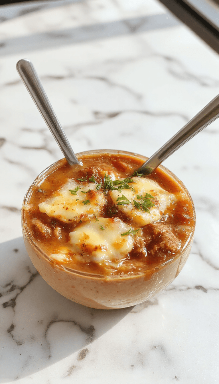 A vibrant bowl of cheeseburger soup featuring creamy yellow broth topped with melted cheese, crumbled bacon, chopped green onions, and a toasted bread crust around the bowl. The soup showcases chunks of ground beef, melted cheese, and fresh herbs, styled in a rustic white bowl with a spoon on a wooden table.
