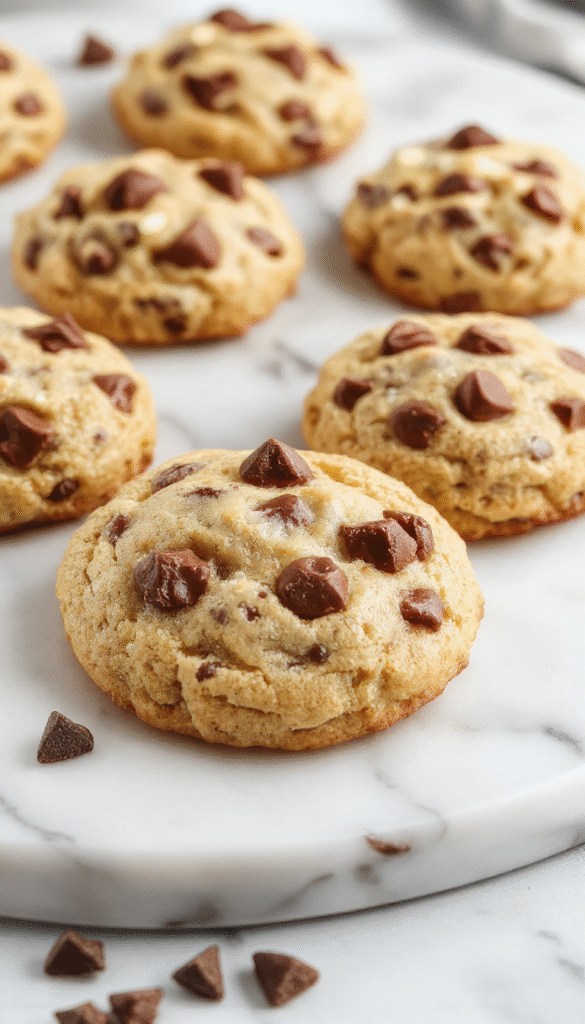 Golden-brown chocolate chip cookies arranged on a rustic wooden plate, with melting chocolate chips visible, and a few cookies stacked to showcase their chewy texture and glossy chocolate bits, styled with a soft-focus background featuring a glass of milk and scattered chocolate chips.