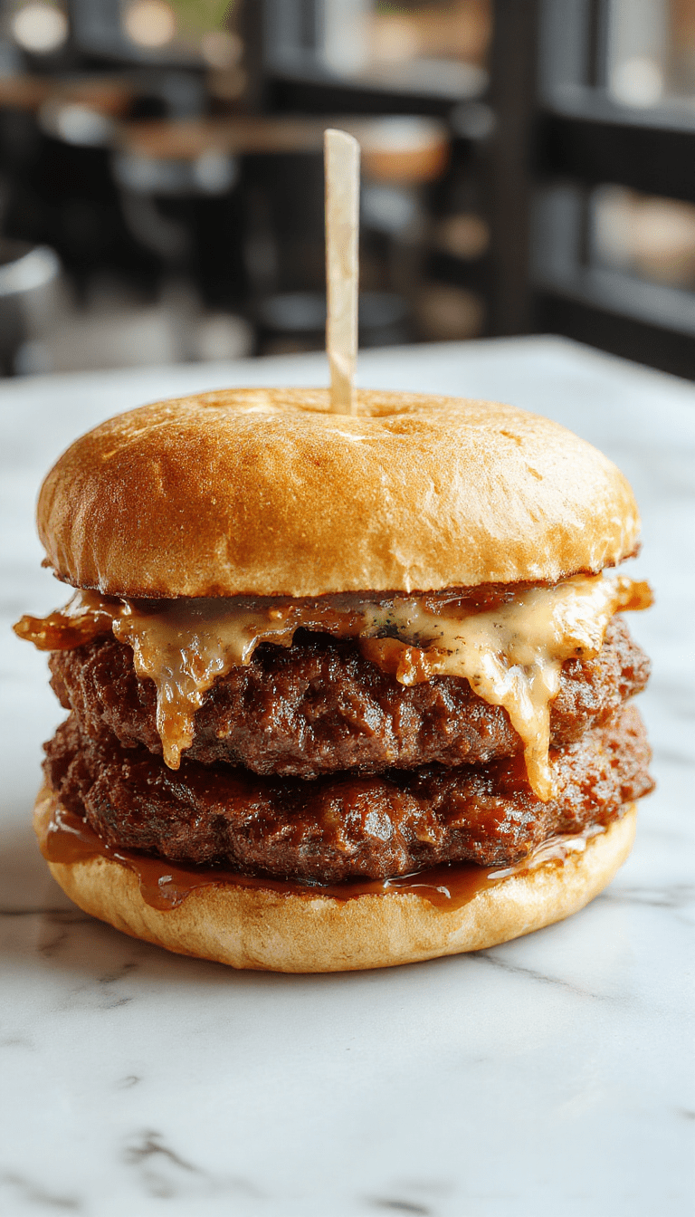 A close-up of a golden-brown patty melt sandwich on a rustic wooden board, showing a crispy grilled rye bread crust, melted cheese oozing over a thick beef patty, caramelized onions, with fresh lettuce and tomato slices peeking out. The sandwich is expertly sliced in half, revealing its savory, cheesy interior, styled with a sprinkle of herbs and a side of pickles.