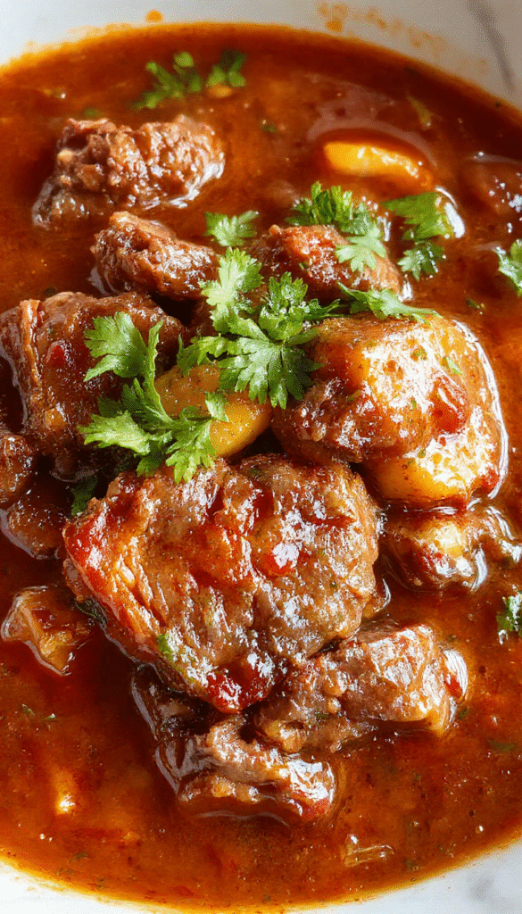 A vibrant bowl of Mexican birria steak stew garnished with chopped cilantro, served alongside warm corn tortillas. The rich, red-brown broth has a glossy sheen, filled with tender shredded beef, onions, and chilies. The dish is plated on a rustic wooden table with a side of lime wedges and fresh cilantro for garnish, exuding warmth and vibrant color.