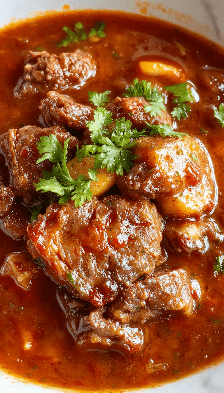 A vibrant bowl of Mexican birria steak stew garnished with chopped cilantro, served alongside warm corn tortillas. The rich, red-brown broth has a glossy sheen, filled with tender shredded beef, onions, and chilies. The dish is plated on a rustic wooden table with a side of lime wedges and fresh cilantro for garnish, exuding warmth and vibrant color.