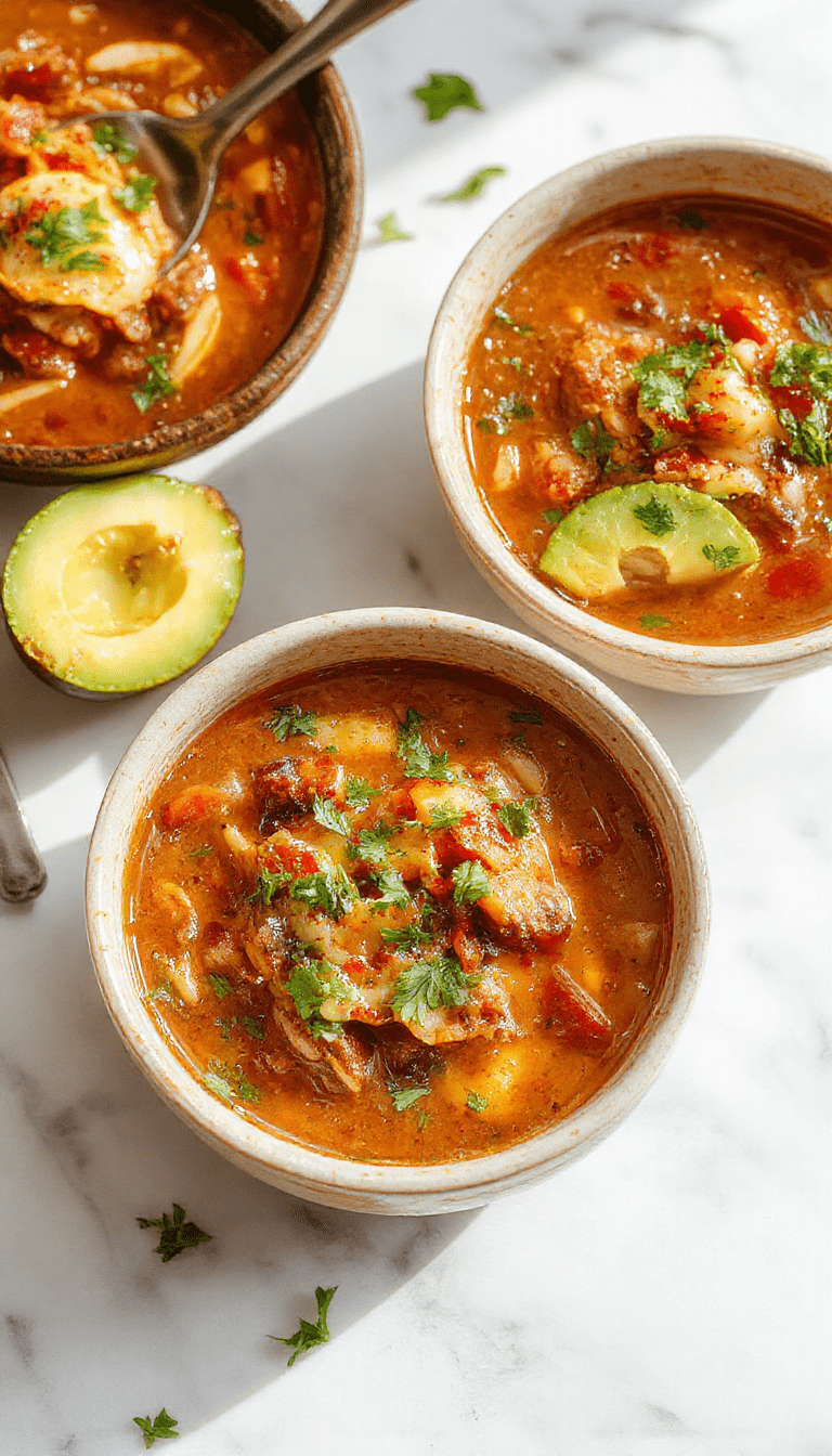 A vibrant bowl of taco soup featuring rich beef and colorful vegetables topped with shredded cheese, fresh cilantro, and crunchy tortilla chips, all presented on a rustic wooden table with a side of warm bread