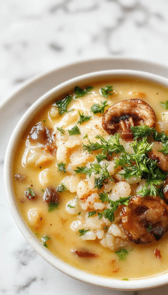 A steaming bowl of wild rice and mushroom soup garnished with fresh herbs, served in a rustic white bowl on a wooden platter with toasted bread slices on the side, vibrant earthy colors, creamy texture visible, garnished with chopped parsley.