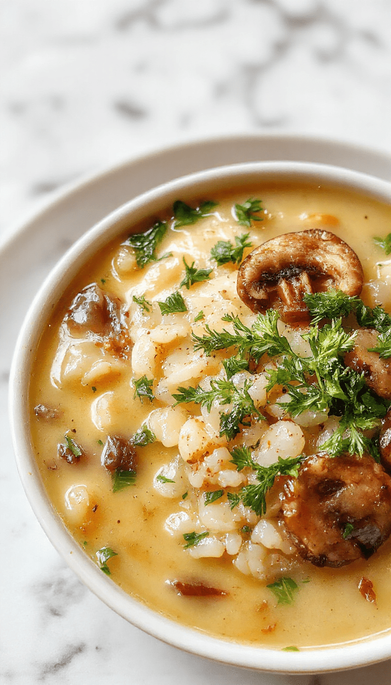 A steaming bowl of wild rice and mushroom soup garnished with fresh herbs, served in a rustic white bowl on a wooden platter with toasted bread slices on the side, vibrant earthy colors, creamy texture visible, garnished with chopped parsley.
