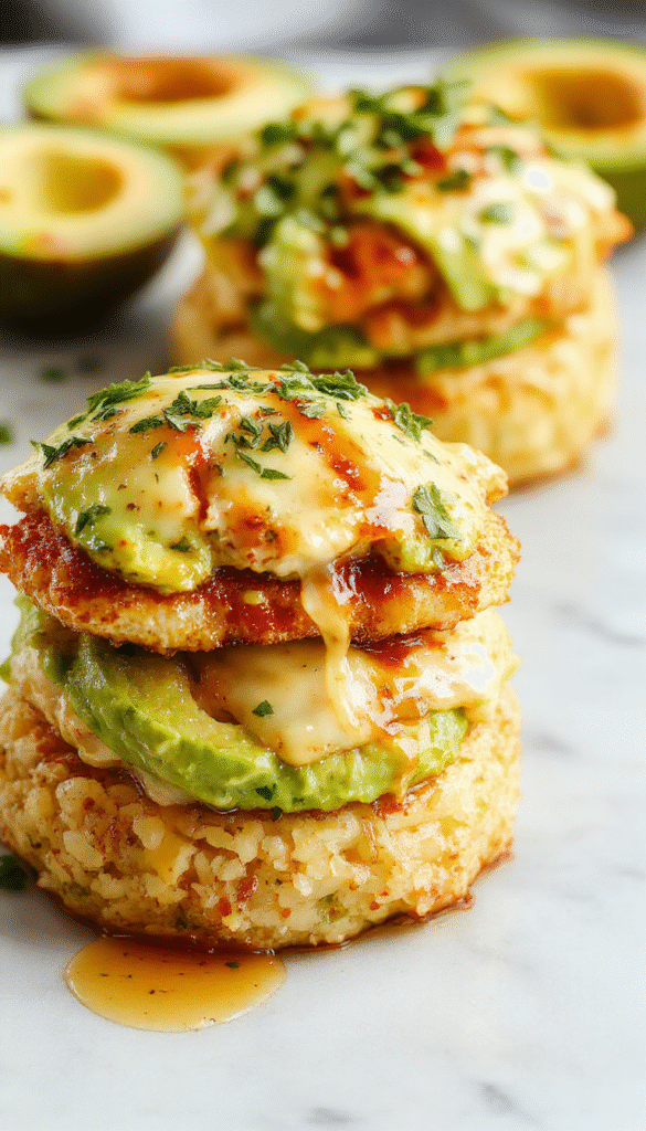 Colorful honey lime chicken served atop vibrant green avocado slices, fluffy rice, and garnished with fresh herbs on a clean white plate with a bright background.