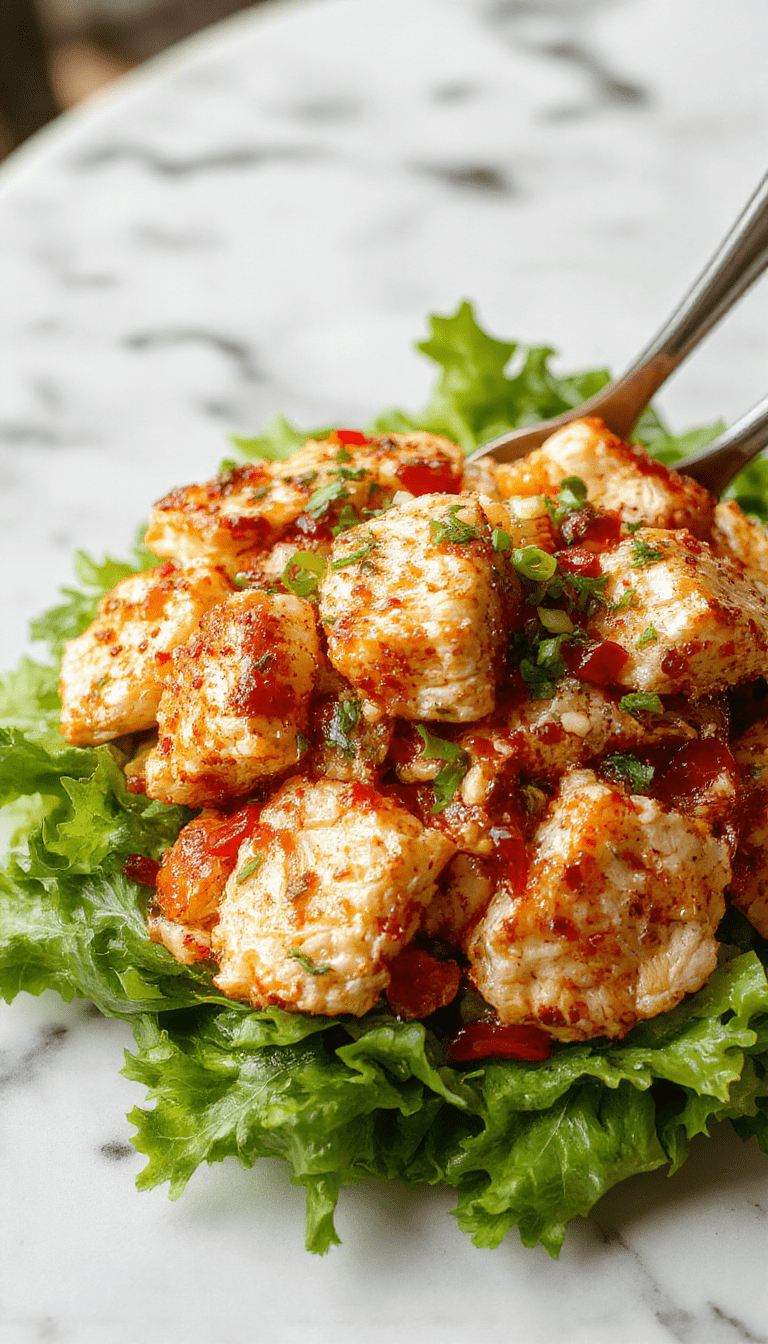 A vibrant bowl of Asian Chicken Crunch Salad featuring colorful shredded chicken, crisp lettuce, shredded carrots, and crunchy noodles, garnished with chopped green onions and sesame seeds on a white plate, with a bright and fresh presentation highlighting the textures and flavors