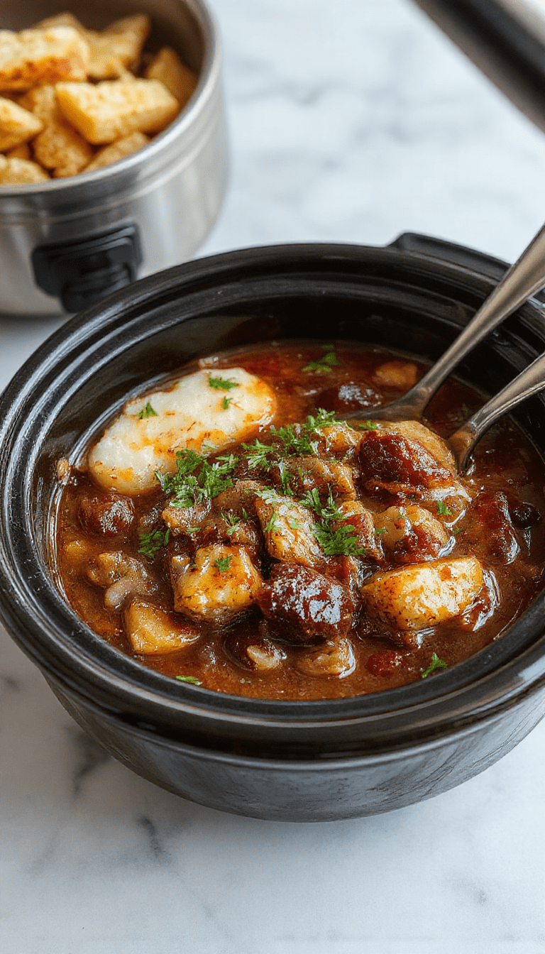 A rustic bowl of Crock Pot Poor Man's Stew featuring tender chunks of beef, potatoes, carrots, and peas in a rich, savory gravy. The dish is garnished with chopped herbs and served on a wooden table with a warm, inviting ambiance.