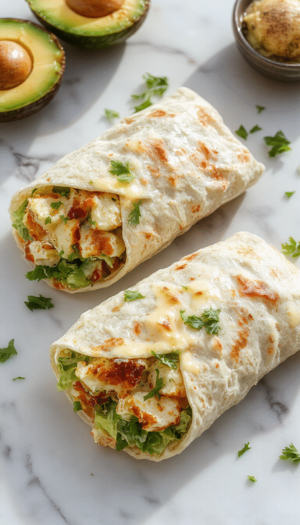 Colorful chicken avocado wrap sliced open to reveal fresh green avocado slices, grilled chicken strips, and crunchy vegetables wrapped in a soft tortilla, presented on a rustic wooden plate with vibrant garnishes.