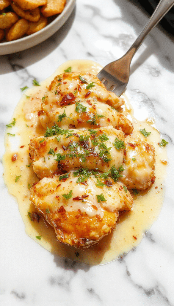 A sizzling skillet of golden-brown garlic butter chicken garnished with chopped parsley, served on a rustic wooden board with lemon wedges and fresh herbs, showcasing juicy chicken pieces with a rich, glossy garlic butter sauce, styled for an inviting, homey presentation.