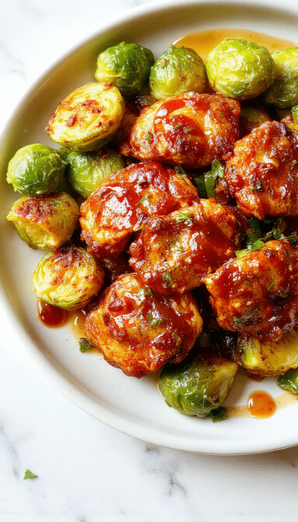 Colorful plated air fryer sweet chili chicken with golden-brown edges, vibrant green Brussels sprouts, drizzled with glossy sweet chili glaze, garnished with sesame seeds and chopped chives, styled on a rustic wooden table with a light background.