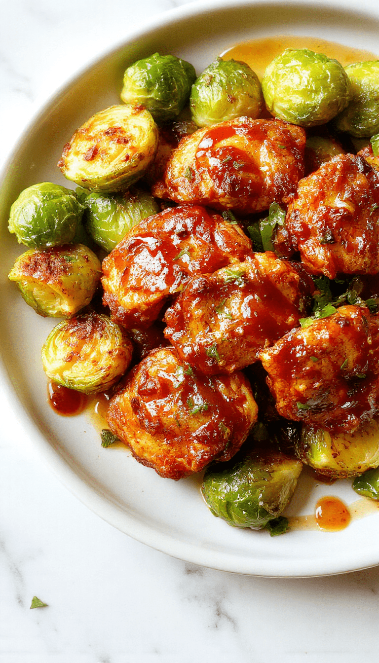 Colorful plated air fryer sweet chili chicken with golden-brown edges, vibrant green Brussels sprouts, drizzled with glossy sweet chili glaze, garnished with sesame seeds and chopped chives, styled on a rustic wooden table with a light background.