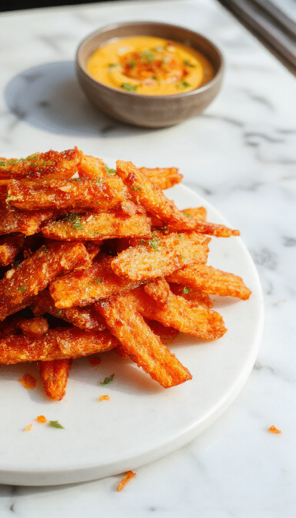 A vibrant plate of golden-brown crispy oven baked sweet potato fries arranged neatly on a rustic wooden platter, garnished with fresh herbs, with a textured surface showcasing their crunchy exterior, set against a light background with a dipping sauce on the side.