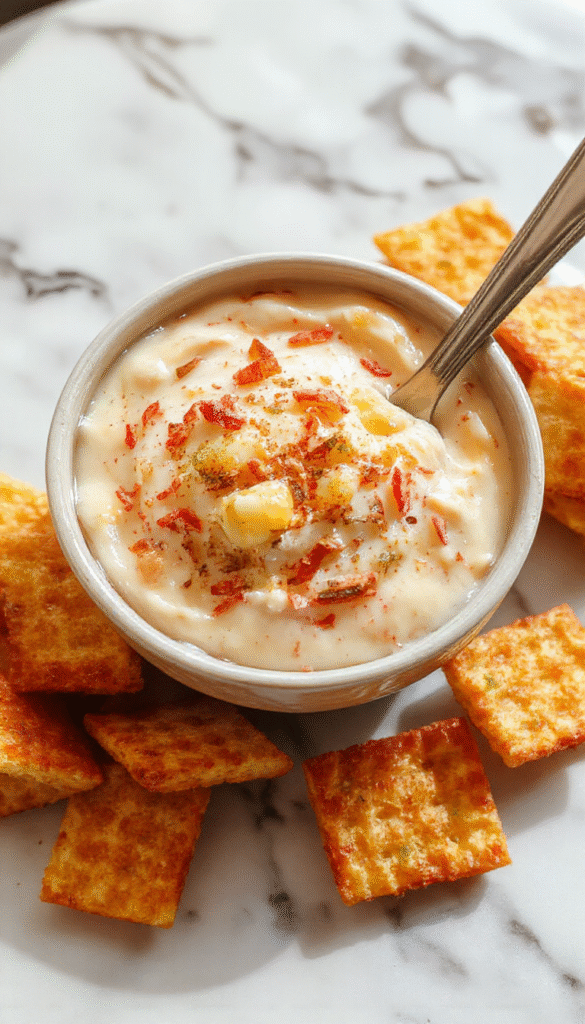 Colorful bowl of Crack Corn Dip topped with shredded cheese and fresh chopped herbs, surrounded by crispy corn chips on a rustic wooden table, vibrant yellow and orange tones creating an inviting and festive atmosphere.