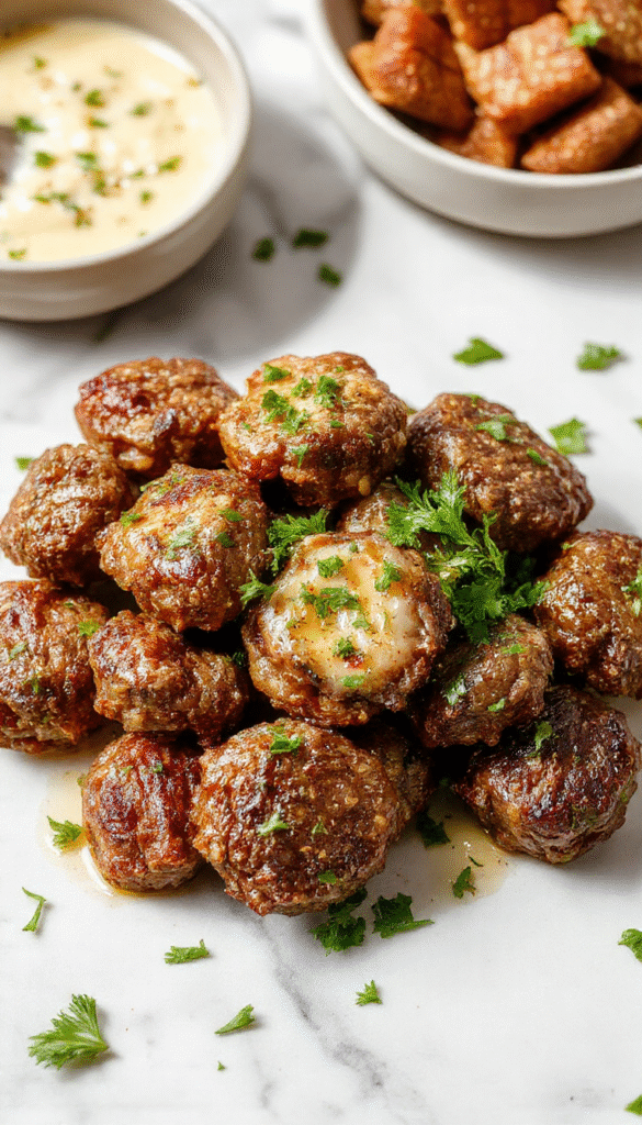 Colorful plate of golden-brown beef bites glazed with garlic butter, garnished with fresh herbs on a rustic wooden serving board, steaming and enticing