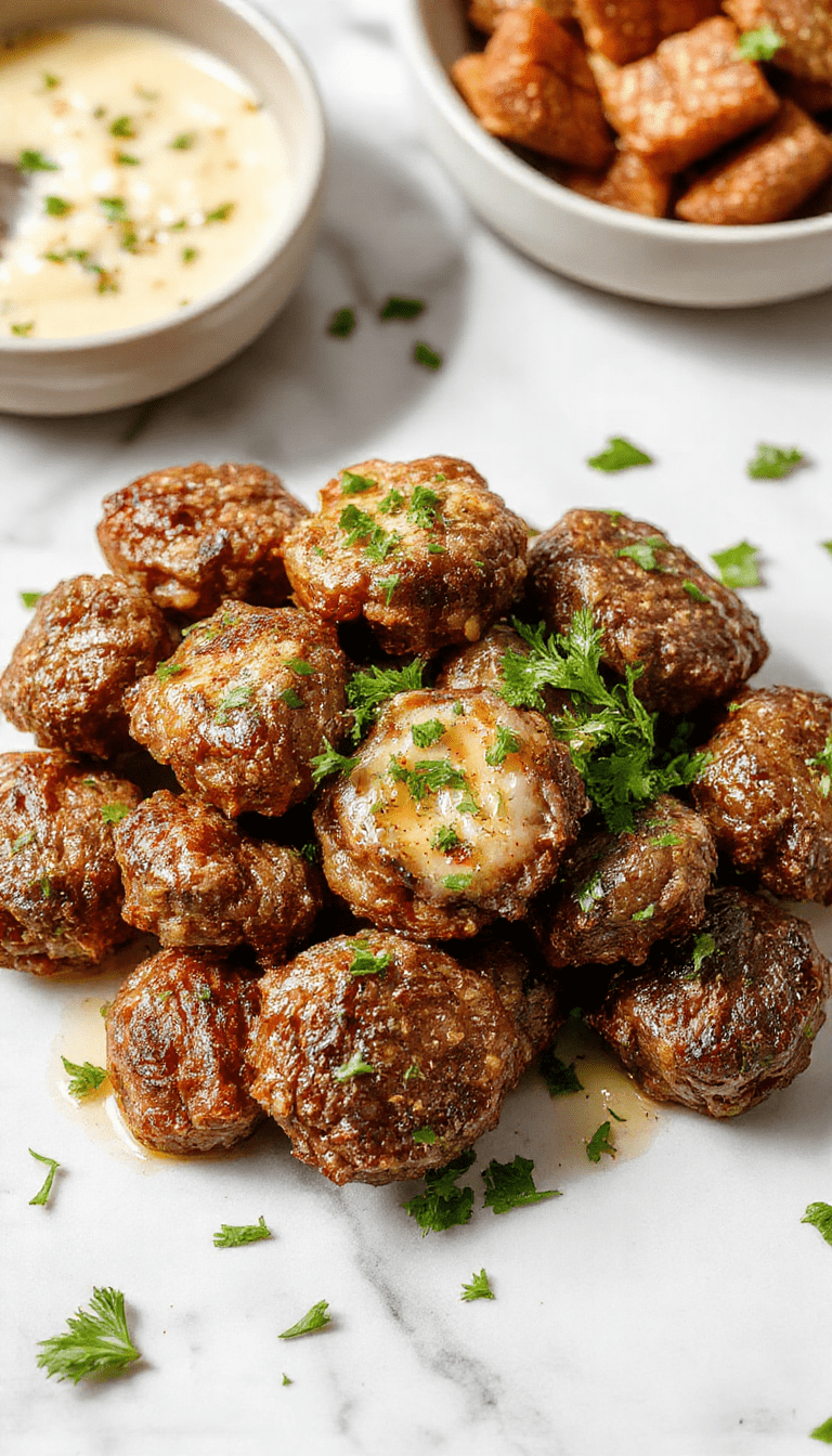 Colorful plate of golden-brown beef bites glazed with garlic butter, garnished with fresh herbs on a rustic wooden serving board, steaming and enticing