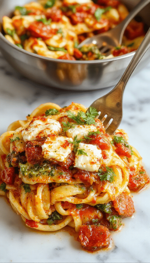 Colorful plate of veggie pasta featuring spiraled pasta tossed with roasted cherry tomatoes, spinach, and crumbled baked feta cheese, garnished with fresh basil on a rustic wooden table, vibrant greens and reds contrasted with creamy feta and glistening olive oil
