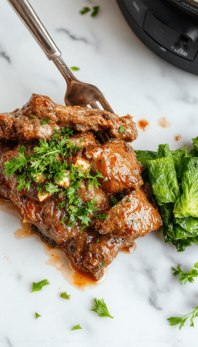 A colorful plate featuring tender slices of beef coated in a rich, glossy brown pepper sauce, garnished with fresh chopped green onions and red bell peppers, all beautifully arranged on a white ceramic dish with a side of steamed rice. The dish is steaming, with a vibrant and hearty appearance, styled on a rustic wooden table with a spoon beside it.