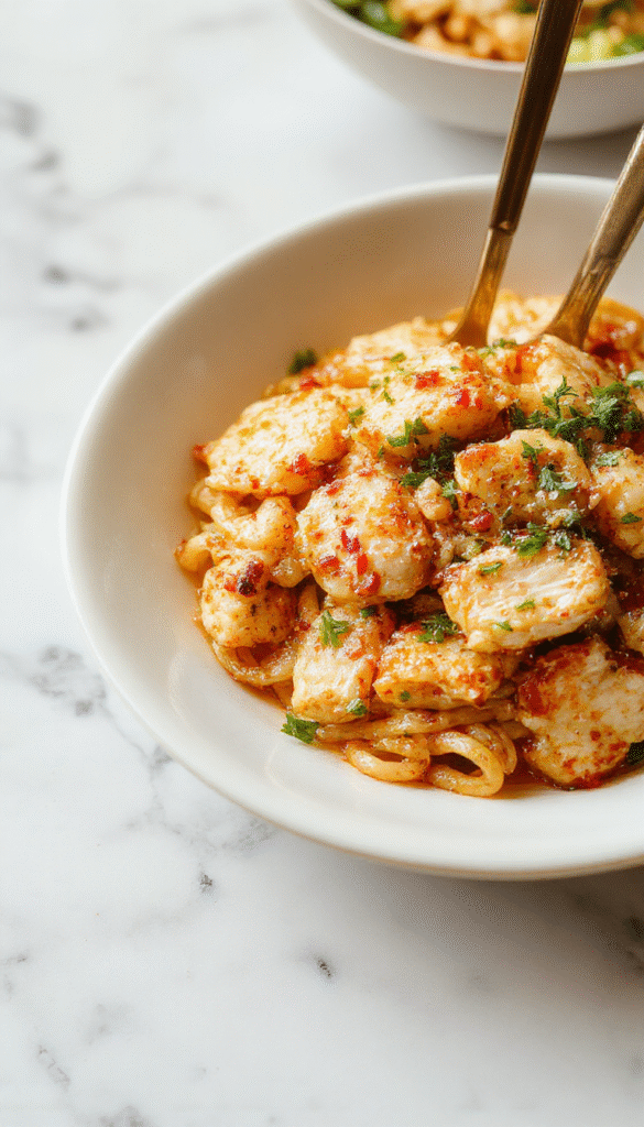 A vibrant plate of sticky garlic chicken noodles featuring golden-brown chicken pieces topped with chopped green onions and sesame seeds, served on a sleek white dish with a glossy garlic sauce coating the thick, al dente noodles, set against a rustic wooden table background with fresh herbs and garlic cloves for garnish.