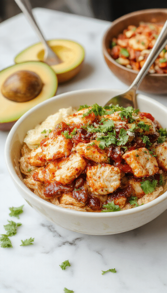 Colorful chicken fajita burrito bowl featuring vibrant red and green bell peppers, tender sliced grilled chicken, fluffy rice, and melted cheese, all layered in a white ceramic bowl with fresh cilantro garnish, styled with a rustic wooden background and natural lighting emphasizing textures and vibrant colors.