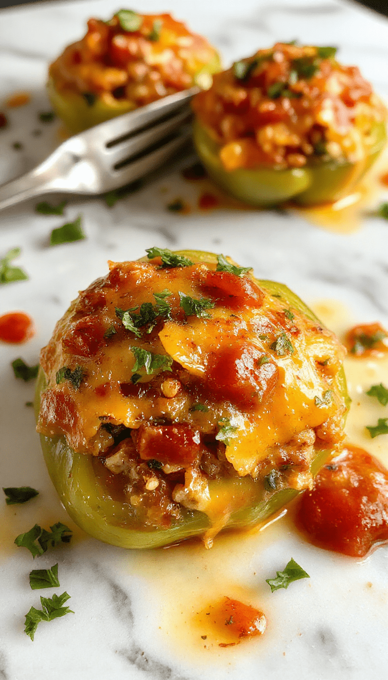 Colorful bell peppers filled with seasoned ground meat, melted cheese, and diced vegetables, arranged on a white plate with fresh herbs sprinkled on top, garnished with lime wedges and accompanied by sides, showcasing a crispy, cheesy, and vibrant presentation.