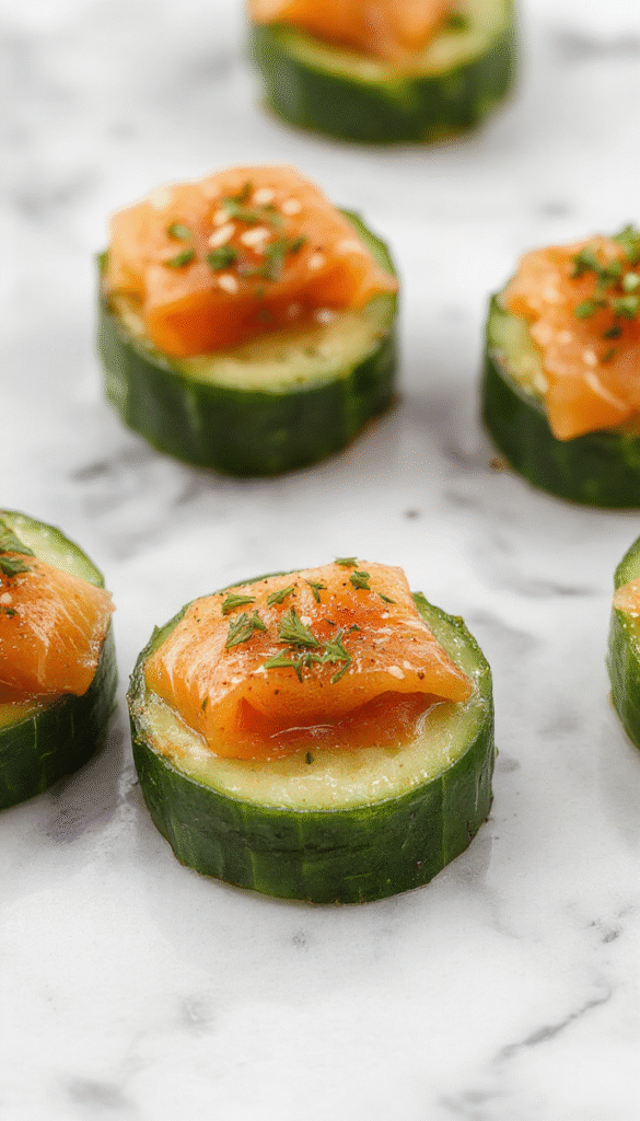 Colorful platter featuring cucumber slices topped with smoked salmon, creamy cheese, fresh herbs, and lemon wedges, styled for a sophisticated appetizer presentation.