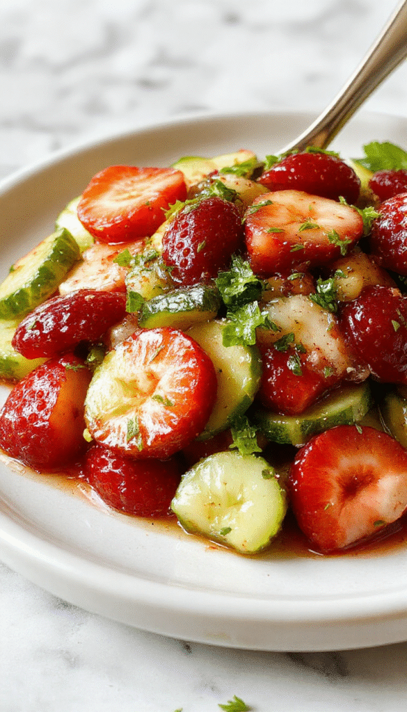 Bright and colorful cucumber strawberry salad plated neatly in a clear glass bowl, featuring vibrant red strawberries sliced alongside crisp green cucumber rounds, sprinkled with fresh mint leaves and a drizzle of honey dressing, styled with a rustic linen napkin background.