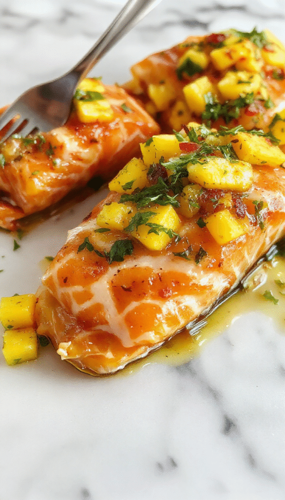 A vibrant plate featuring flaky salmon fillets topped with colorful fresh mango salsa, garnished with cilantro and lime wedges, served on a white ceramic plate with a background of green leafy herbs and a textured wooden table.