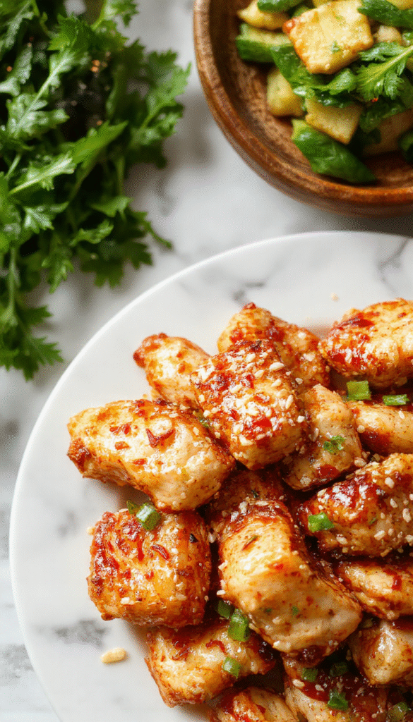 A vibrant plate of sesame chicken featuring golden-brown crispy pieces coated with a glossy sesame glaze, garnished with toasted sesame seeds and sliced green onions, served on a white ceramic plate with fresh vegetables on the side, all styled on a rustic wooden table with natural lighting emphasizing the crispy texture and colorful presentation.