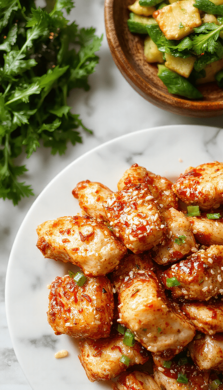 A vibrant plate of sesame chicken featuring golden-brown crispy pieces coated with a glossy sesame glaze, garnished with toasted sesame seeds and sliced green onions, served on a white ceramic plate with fresh vegetables on the side, all styled on a rustic wooden table with natural lighting emphasizing the crispy texture and colorful presentation.