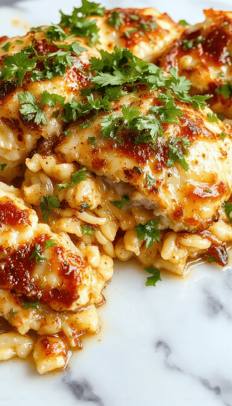 A vibrant close-up of a golden baked casserole dish topped with caramelized onions and melted cheese, featuring tender chunks of chicken and fluffy orzo pasta, garnished with fresh herbs, styled on a rustic wooden table with a warm ambiance.