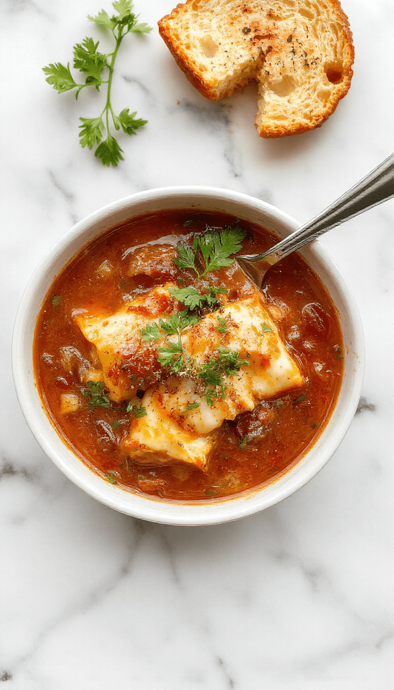 A steaming bowl of high protein lasagna soup garnished with fresh basil and melted cheese, showcasing layers of pasta, ground meat, and rich tomato broth, served on a rustic wooden table with fresh herbs scattered nearby.
