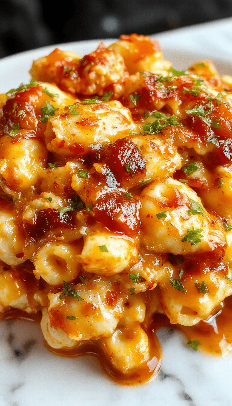 A vibrant plate of creamy mac and cheese topped with succulent grilled chicken pieces glazed with honey BBQ sauce. The dish features a golden, cheesy sauce with melted cheese, garnished with chopped herbs, served on a rustic white plate. The background shows a wooden table with fresh ingredients like chicken breasts, honey, and BBQ sauce, styled for an inviting and hearty meal.