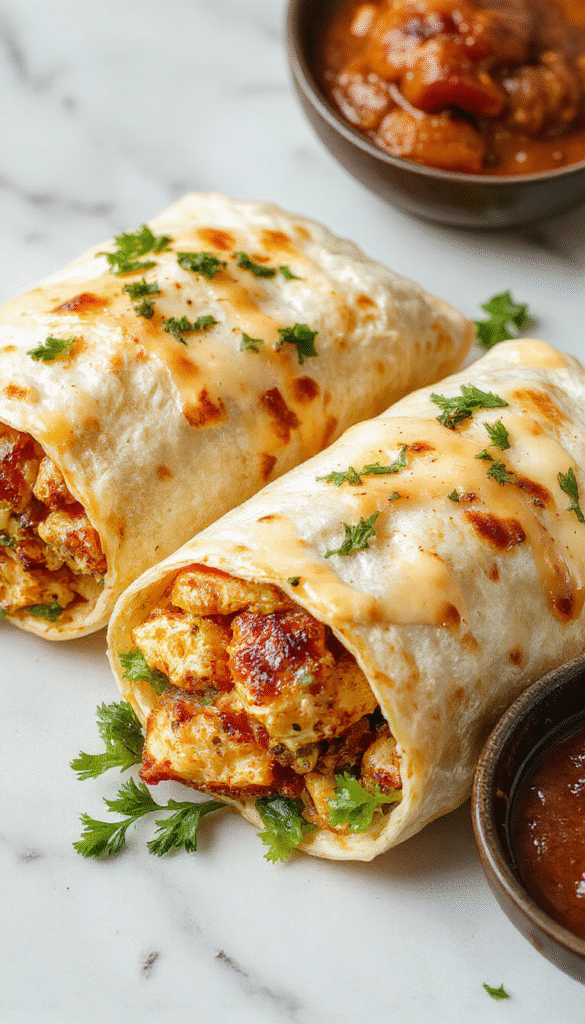 Colorful close-up of unfolded cheesy garlic chicken wraps with golden-brown grilled chicken, melted cheese, finely chopped garlic and herbs spilling out, served on a rustic plate with fresh greens and cherry tomatoes, with a textured wooden background highlighting the crispy, melty textures and vibrant ingredients.