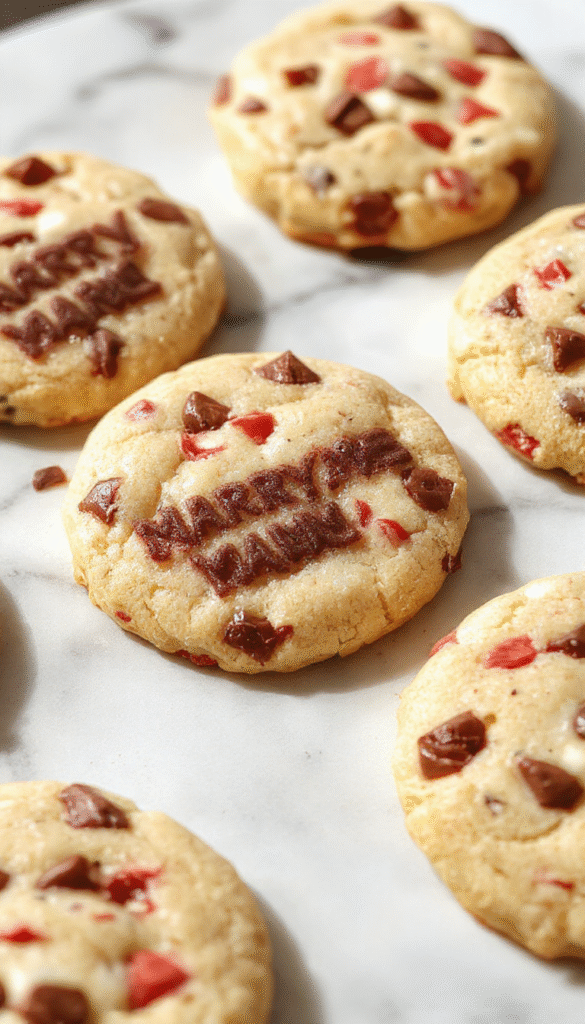 Colorful display of Marry Me Cookies with glossy chocolate drizzle and rainbow sprinkles on a rustic wooden tray, showcasing their chewy texture and rich chocolate chips, styled with fresh flowers for a romantic vibe