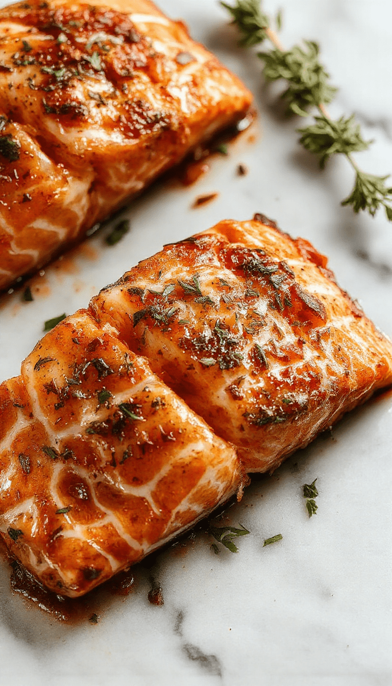A vibrant plate featuring perfectly cooked air fryer salmon with crispy golden skin, garnished with fresh herbs, served alongside lemon wedges and colorful seasonal vegetables, on a modern white plate with a rustic wooden table background.
