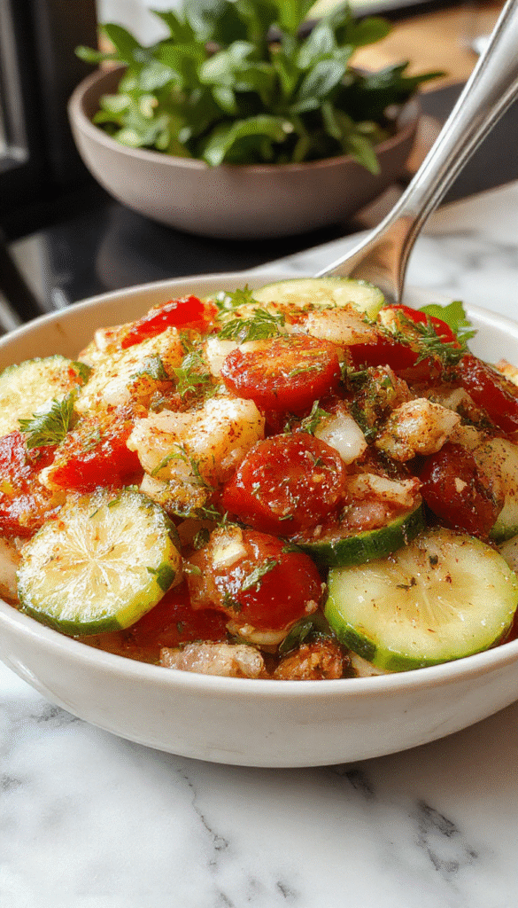 A vibrant Mediterranean salad featuring diced cucumbers, ripe red tomatoes, and thinly sliced red onions arranged in a white bowl. The colorful vegetables are glistening with a light dressing, garnished with fresh herbs like parsley and oregano. The bright green cucumber and rich red tomato create a visually appealing and fresh presentation, with textures of crispy cucumbers and juicy tomatoes contrasting against the smooth onions.