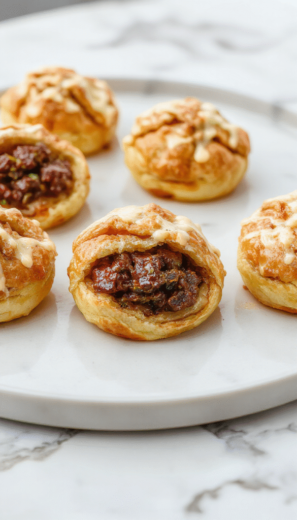 Golden brown pulled beef pastry puffs arranged on a rustic wooden platter, showcasing flaky, crispy layers with tender beef filling oozing slightly from the sides, garnished with fresh herbs and a side of dipping sauce, styled with a light dusting of powdered sugar for an inviting presentation.
