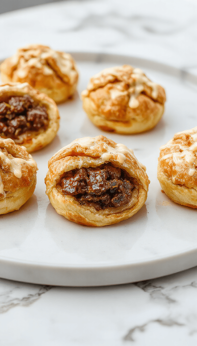Golden brown pulled beef pastry puffs arranged on a rustic wooden platter, showcasing flaky, crispy layers with tender beef filling oozing slightly from the sides, garnished with fresh herbs and a side of dipping sauce, styled with a light dusting of powdered sugar for an inviting presentation.