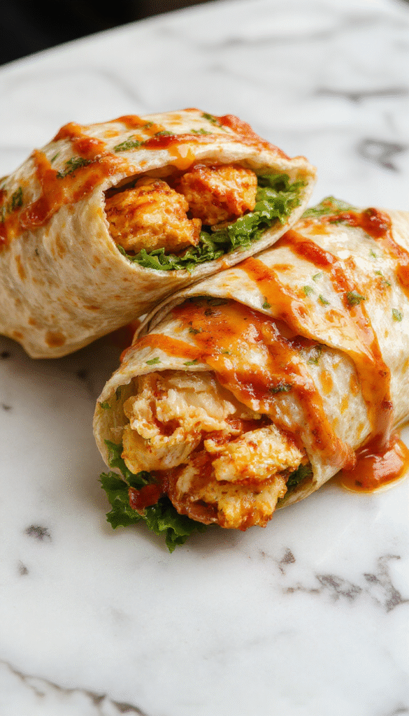 Colorful chicken wraps filled with tender grilled chicken, crisp lettuce, and vibrant sweet chili sauce, all neatly rolled in soft tortillas, garnished with fresh herbs and sesame seeds, styled on a rustic wooden plate with a drizzle of extra sauce and bright ingredients surrounding them.