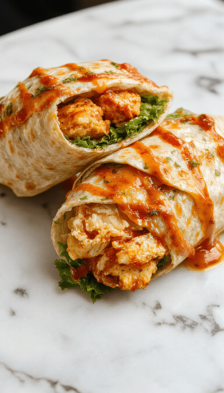 Colorful chicken wraps filled with tender grilled chicken, crisp lettuce, and vibrant sweet chili sauce, all neatly rolled in soft tortillas, garnished with fresh herbs and sesame seeds, styled on a rustic wooden plate with a drizzle of extra sauce and bright ingredients surrounding them.