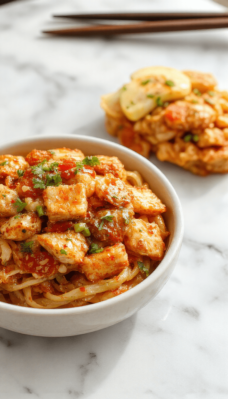 A colorful plate of chicken chow mein featuring glossy stir-fried chicken strips, tender noodles, vibrant mixed vegetables including bell peppers and carrots, garnished with green onions on a white ceramic plate with a glossy sauce glaze, styled with chopsticks and fresh herbs