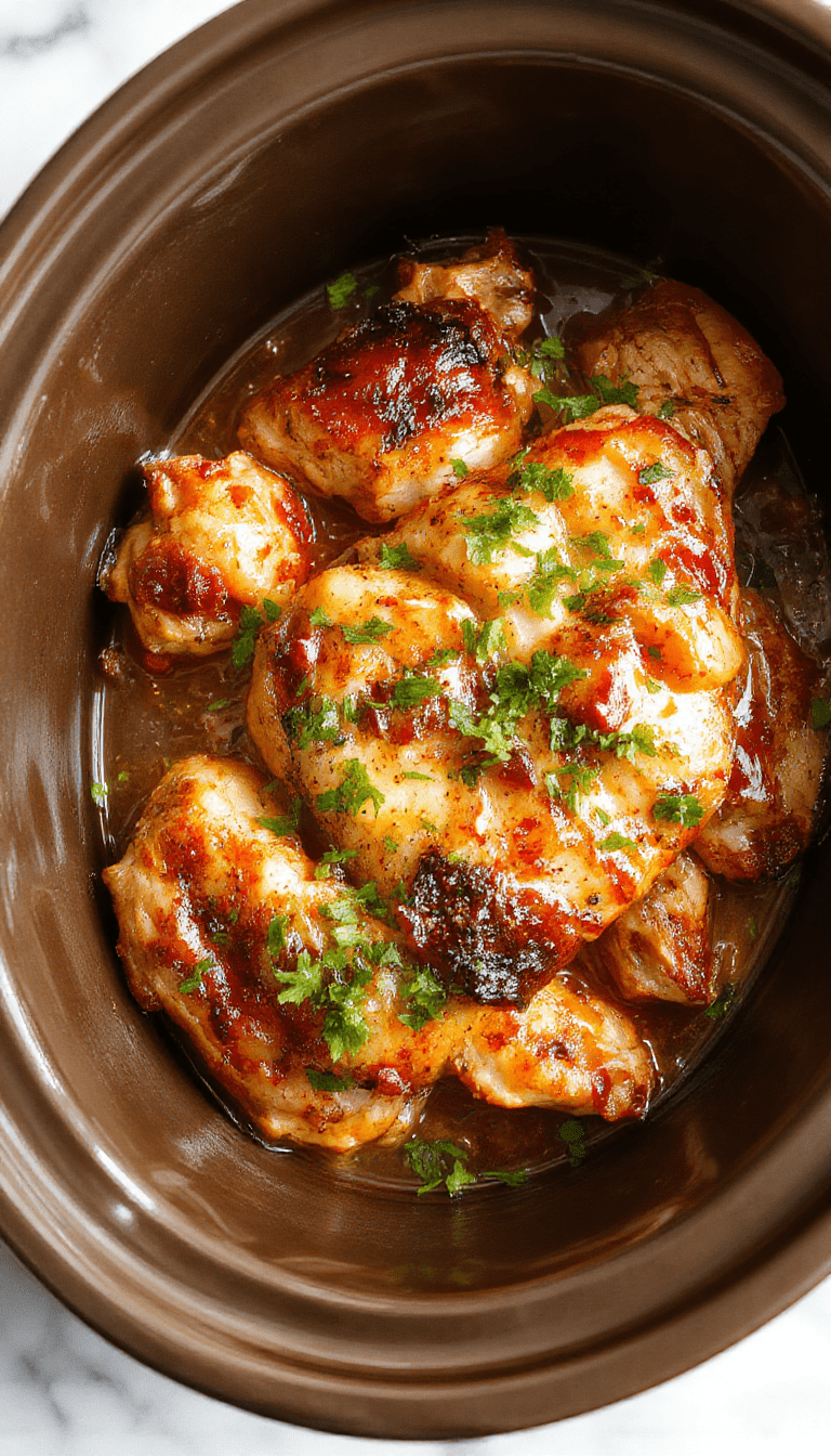 Colorful and appetizing crockpot dish featuring shredded chicken coated in a glossy, sweet Hawaiian sauce. Garnished with chopped green onions and pineapple chunks, served in a white bowl with a wooden spoon. The background is a rustic wooden table, creating a warm and inviting atmosphere with vibrant yellow and green hues highlighting the tropical flavors.
