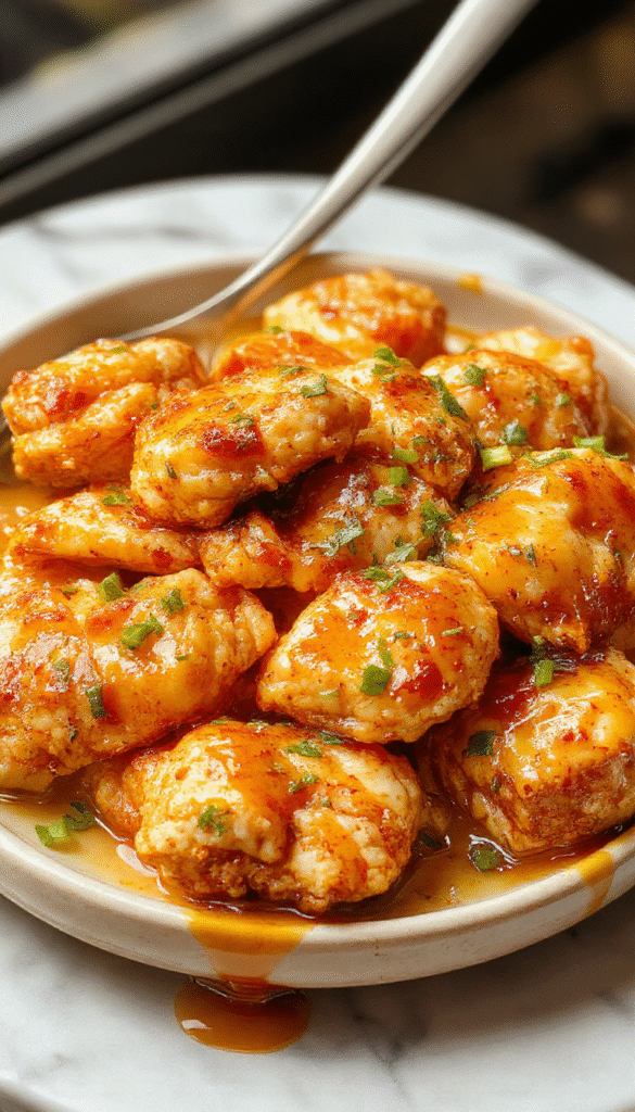 A close-up of a golden-brown honey butter chicken served on a white plate, topped with a glossy honey glaze and garnished with fresh herbs. The chicken pieces are crispy on the outside, tender on the inside, with a rich buttery shine. The background features a rustic wooden table with a small side of steamed vegetables and a honey dipper for added context.