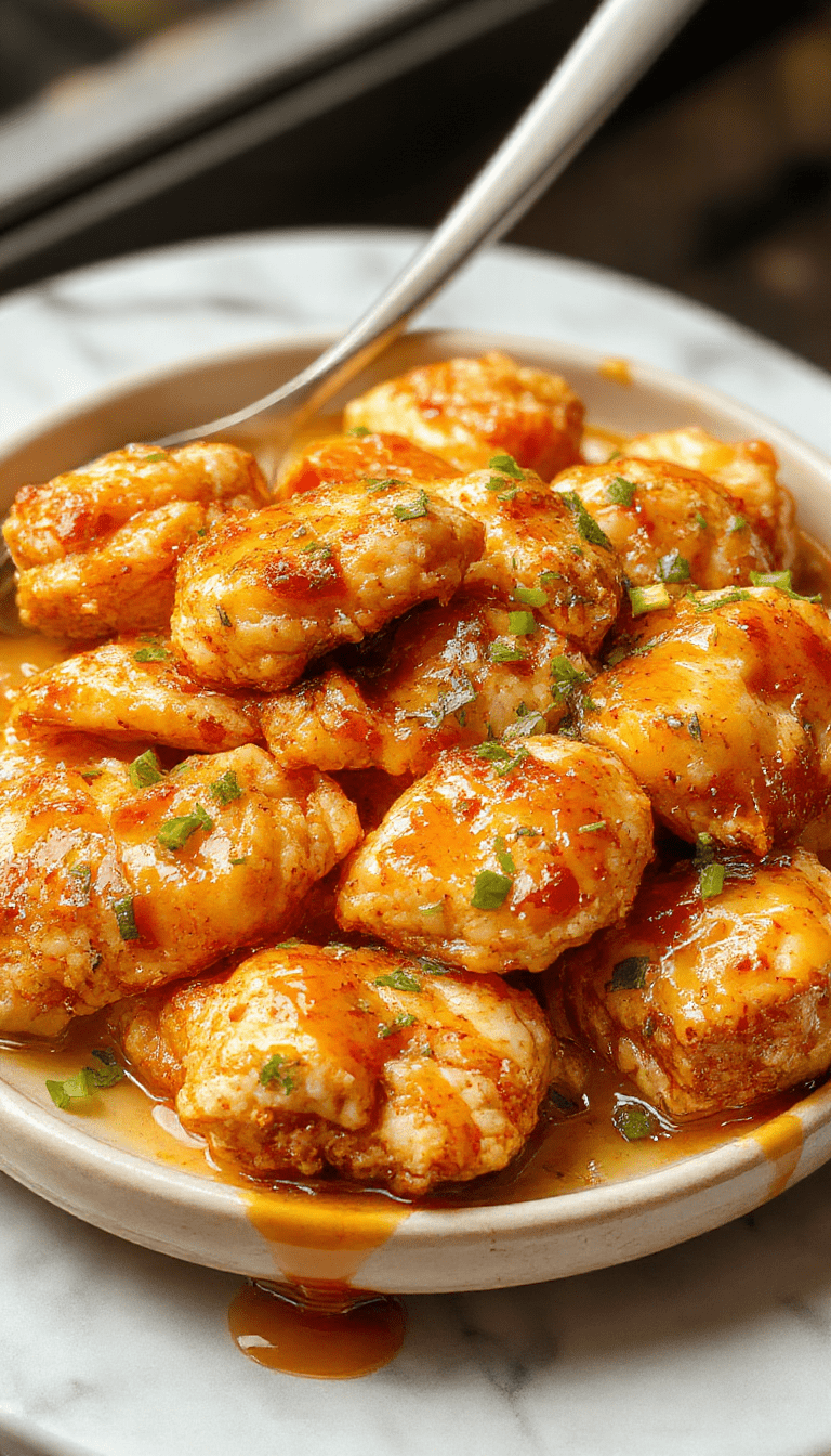 A close-up of a golden-brown honey butter chicken served on a white plate, topped with a glossy honey glaze and garnished with fresh herbs. The chicken pieces are crispy on the outside, tender on the inside, with a rich buttery shine. The background features a rustic wooden table with a small side of steamed vegetables and a honey dipper for added context.